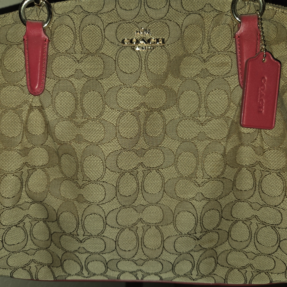Coach Signature Canvas Tote/Crossbody Bag - Tan and Red - Picture 7 of 8